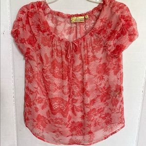 Princess Vera Wang Blouse Size Small adjustable drawstring neckline Sheer/Coral